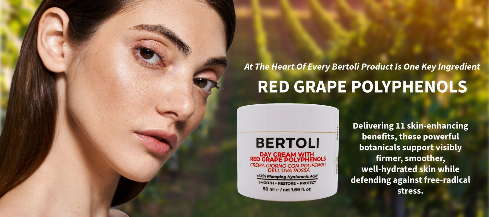 Bertoli Beauty campaign featuring Italian skincare and red grape polyphenols